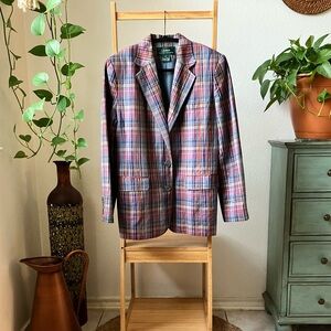 LAUREN RALPH LAUREN W 100% Linen Plaid Blazer